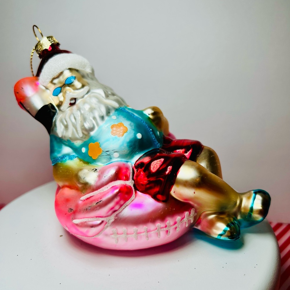 Santa on Inflatable Pool Flamingo Glass Christmas Ornament Beach Sandals Swim
